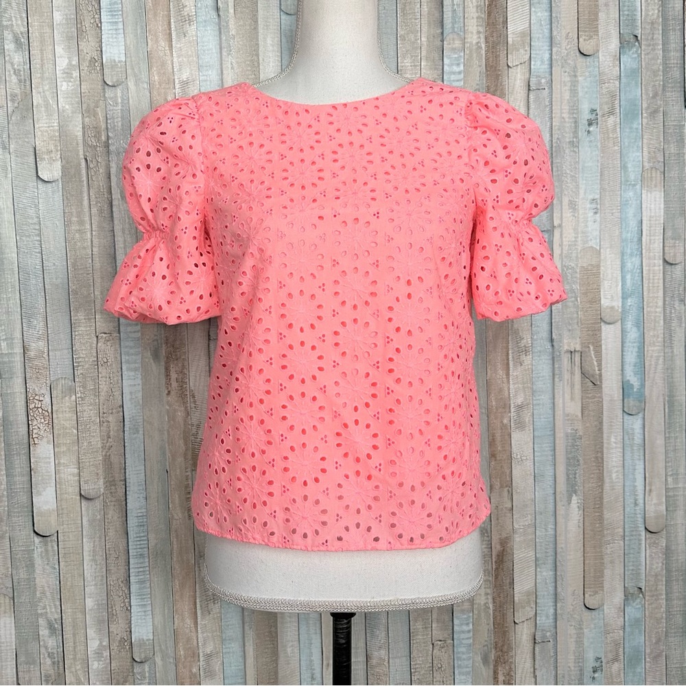 Lilly Pulitzer XXS XS Shaila Puff Sleeve Eyelet Blouse Top Bright Neon Pink‎ - Picture 3 of 14